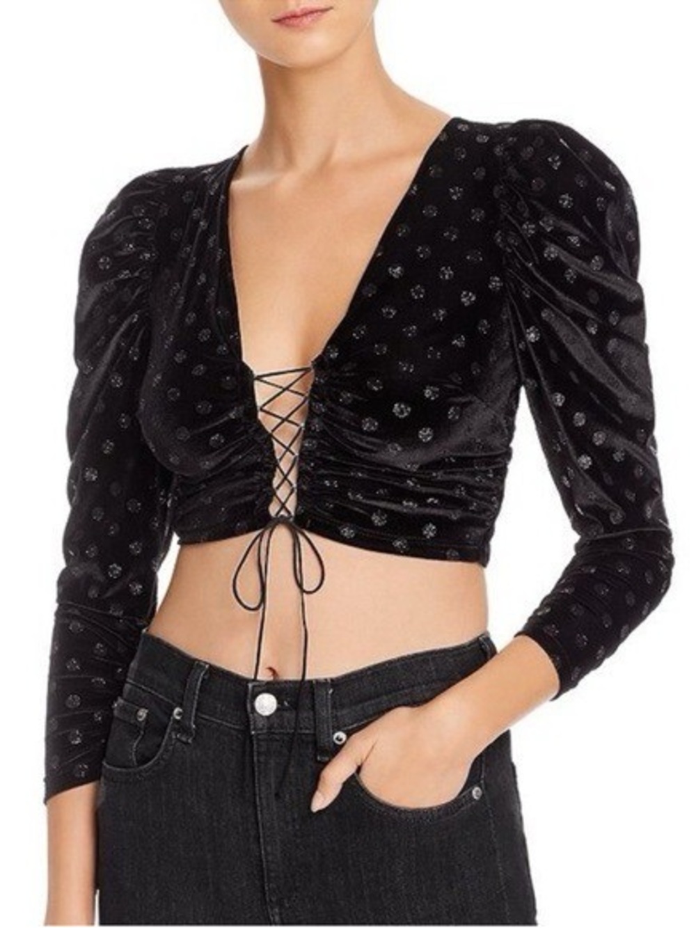 For Love and Lemons Elisa Cropped Lace-Up Velvet Top - Black